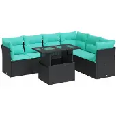 vidaXL 7-tlg. Garten-Sofagarnitur mit Kissen Schwarz Poly Rattan Akazie