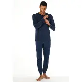 Schiesser Schlafanzug "Casual Essentials", Herren, Gr. 52, blau (861, blau), Single Jersey, Obermaterial: 100% Baumwolle, bequem lang, V-Ausschnitt, Homewear-Sets Schlafanzug, mit bequemen Bündchen
