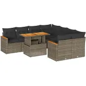 vidaXL 9-tlg. Garten-Sofagarnitur mit Kissen Grau Poly Rattan Akazie