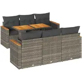 vidaXL 7-tlg. Garten-Sofagarnitur mit Kissen Grau Poly Rattan Akazie
