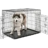 Lionto Transportkäfig für Tiere, faltbarer Metallkäfig mit Trennwand, Kunststoffboden & Sicherheitsverriegelung, 106x71x77 cm