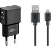 Goobay Micro USB Dual Ladeset 2,4 A, Netzteil mit 2x USB-Buchse und Micro USB Kabel 1m (Schwarz)