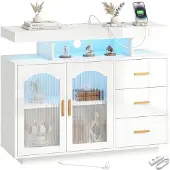 HOMCOM Sideboard Hochglanz Kommode mit LED, Steckdosen, 3 Schubladen