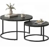 HOMCOM Couchtisch rund 2er Set Stapelbarer Wohnzimmertisch mit Holzoptik Schwarz