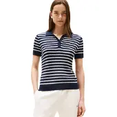 Tommy Hilfiger Damen Poloshirt Kurzarm Cable Sweater mit Knopfleiste, Mehrfarbig