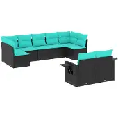 vidaXL 9-teiliges Gartensofa-Set mit Kissen, schwarzes Polyrattan