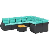 vidaXL 10-teiliges Gartensofa-Set mit Kissen, schwarzes Polyrattan