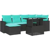 vidaXL 7-teiliges Gartensofa-Set mit Kissen, schwarzes Polyrattan