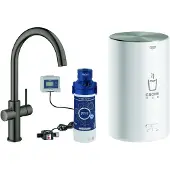 GROHE Red Duo Einhand-Spültischarmatur Set, Ausladung 224mm, C-Auslauf, mit Red Boiler Größe M, 30083AL1, Farbe: Hard graphite gebürstet