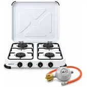 BlueCraft Camping Gaskocher Mobi 4-flammig, weiss mit Zündsicherung, Gasschlauch und Gasr...
