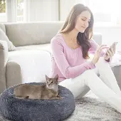Peviasot Rundes Hundebett Katzenbett Ø 100 cm, Langplüsch, rutschfester Boden, Dunkelgrau
