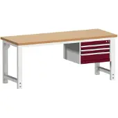 Bott Werkbank cubio, manuell höhenverstellbar, Rotbuchenholz-Arbeitsplatte 40 mm, B 2000 x T 750 x H 740-1140 mm, Stahl, lichtgrau/purpurrot, 3 Schubladen, Tragkraft 1200 kg