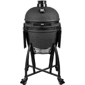 Grill Guru Prime Large Kamado-Holzkohlegrill matt schwarz, Keramik mit Deckelthermometer, 46 cm Edelstahl-Grillrost, 2 Höheneinstellungen, Luftführung mit Lüftungsöffnungen, auf Wagen