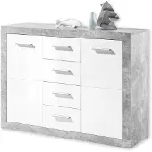 Stella Trading STONE Kommode mit Schubladen in Beton Optik, Weiß Hochglanz - Moderne Kommode mi