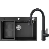 CECIPA MAX Granitspüle schwarz 70x45cm Set mit Küchenarmatur ausziehbar, Kratzfest & Geräuschdämmend, , SMC Küchenspüle, Einbauspüle & Abflussgarnitur
