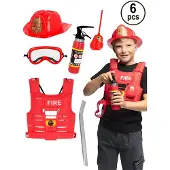 Boland Feuerwehrmann Set: Helm, Weste, Schutzbrille, Walkie-Talkie, Feuerlöscher, Brechstange