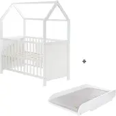 Roba Hausbett 60 x 120 cm inkl. passender Wickelplatte zum Aufsetzen, Baby- & Beistellbett in Hausoptik, weiß, 6-fach verstellbar