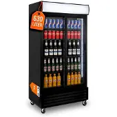 GastroHero Getränkekühlschrank ECO 630 mit Leuchtaufsatz, Schiebetüren, schwarz, LED-Innenbeleuchtung, energiesparend, 8 höhenverstellbare Roste
