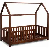 Buxibo Kinderbett – Hölzernes Hausbett mit Sicherheitsgittern – Kleinkindbett – 60x120 cm – Walnuss