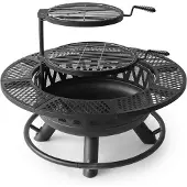Relaxdays Feuerschale, Ø 92 cm, 2 verstellbare Grillroste, Deckel, Schürhaken & Abdeckung, Feuerstelle Garten, schwarz