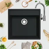 Markenlos Spüle Schwarz Granit 1 Becken mit Chromarmatur - Küchenspüle Arbeitsplatte
