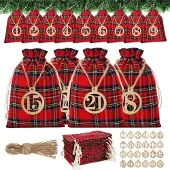 Sonstiges Adventskalender zum Befüllen, 24 Säckchen mit Holzanhängern, rot kariert, Stoff