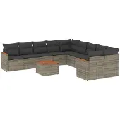 vidaXL 11-tlg. Garten-Sofagarnitur mit Kissen Grau Poly Rattan