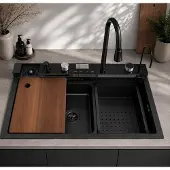 Faizee Home Edelstahlspüle Schwarz 75x46 cm Wasserfall Küchenspüle mit Multifunktionsarmatur Siphon Set