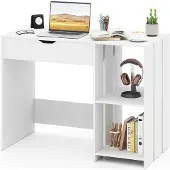 Costway Computertisch mit anhebbarer Platte, moderner Schreibtisch fürs Büro mit verstecktem Fach und 2 offenen Ablageflächen, PC-Arbeitsplatz weiß