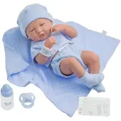 JC Toys 102-18540 – Kinderpuppe, Körper aus Gummi, Blaue Kleidung mit Punkten, 3