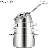 Sola Topfset Ruby 4-Teilig Premium Triply Edelstahl - Kochtopf ø 16, 18, 20 cm & Stielkasserolle ø 16 cm - Induktionsgeeignet