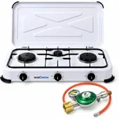 BlueCraft Camping Gaskocher Mobi 3-flammig, weiss mit Zündsicherung, Gasschlauch und Mano...