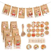 Sonstiges Adventskalender zum Befüllen Set mit 24 Papiertüten, Holzklammern, Nummernaufklebern & Juteseil