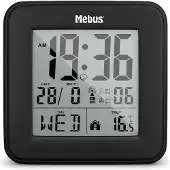 Mebus digitaler Funk-Wecker mit Thermometer, Beleuchtung und Kalender, kompakt & stabil / Farbe: Schwarz / Modell: 25595