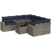vidaXL 9-tlg. Garten-Sofagarnitur mit Kissen Grau Poly Rattan Akazie