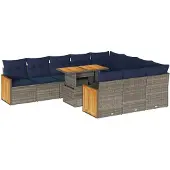 vidaXL 11-tlg. Garten-Sofagarnitur mit Kissen Grau Poly Rattan Akazie