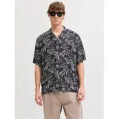 Jack & Jones Kurzarmhemd "JJEJEFF RESORT AOP SHIRT S/S LN", Herren, Gr. S, N-Gr, schwarz-weiß (schwarz), Web, Obermaterial: 100% Viskose, bedruckt, normal, Hemden Kurzarmhemd