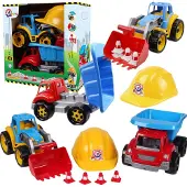 Technok Set Mit 2 Baufahrzeugen, Bagger, Muldenkipper, Bauhelm-Kegeln 3985