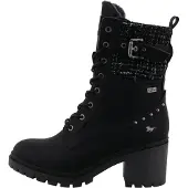 Mustang Schnürstiefelette SHOES "Stiefelette", Damen, Gr. 41, wärmend, schwarz-weiß (schwarz), Lederimitat, Textil, Schuhe Schnürstiefelette, Blockabsatz, Schnürboots mit Zierschnalle und Nieten