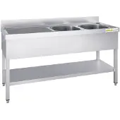GOLDINOX Edelstahl-Spüle, 2000 x 600 mm, mit 2 Becken auf der rechten Seite und Abtropfbereich auf der linken Seite, –