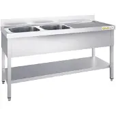 GOLDINOX Edelstahl-Spüle, 1600 x 600 mm, mit 2 Becken auf der linken Seite und Abtropfbereich auf der rechten Seite, –