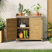 Selius Außenarbeitsbank – Gartenarbeitsbank – Werkbank – Aufbewahrungsschrank – Blumentisch – Robuster Holzrahmen – Metallarbeitsplatte