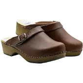 Bresco Damen Holzclogs aus Echtleder Braun – Klassische Holzpantoletten mit verstellbarem Riemen 36