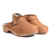Bresco Damen Holzclogs aus Nubukleder Cognac – Bequeme Holzpantoletten mit verstellbarem Riemen 38