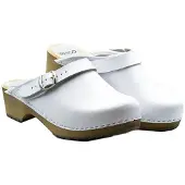Bresco Damen Holzclogs aus Echtleder Weiß – Bequeme Holzpantoletten mit verstellbarem Riemen 42
