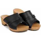Bresco Damen Holzclogs Schwarz aus Echtleder – Klassische Pantoletten mit Holzsohle 41