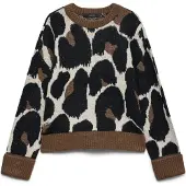 Vero Moda Strickpullover "VMLEONIE LS O-NECK PULLOVER BOO", Damen, Gr. XS, braun (cocoa braun pattern:schwarz, birch, leo), Pullover Strickpullover, Materialmix