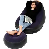 Unyqoos Aufblasbarer Freizeit‑Sessel mit Fußhocker, geflockte Oberfläche, faltbar, blau, dickes PVC, Schnellventil, 116 x 98 x 83 cm