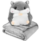 Wisam Trusty großes 3-in-1 Kuscheltier Kissen mit Decke Hamster 35cm Grau