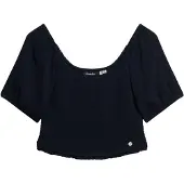 Superdry für Damen. W6011857A Gestricktes T-Shirt mit Rüschen in Navy (S), Lässig, Viskose, Kurzarm, Marine